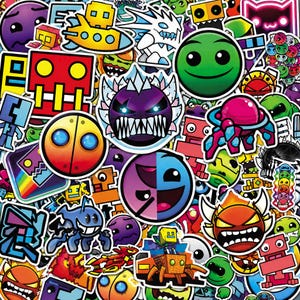 May include: A collection of colorful vinyl stickers featuring various cartoon characters, geometric shapes, and creatures with expressive faces. The designs include robots, monsters, and abstract icons in vibrant shades of red, blue, green, and purple.