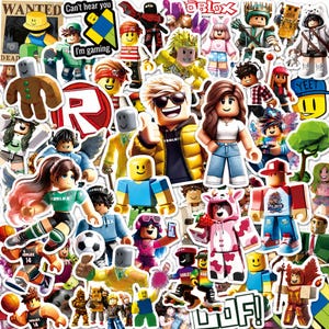 May include: A collection of colorful vinyl stickers featuring various Roblox characters, avatars, and logos. The designs include figures in diverse outfits, a gingerbread person, a soccer ball, and text bubbles reading Wanted and Can't hear you I'm gaming.