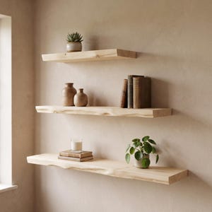 May include: Three light-coloured wooden floating shelves with natural live edges mounted on a wall. The top shelf holds a small potted succulent. The middle shelf features two rounded ceramic vases and three books. The bottom shelf holds a candle.