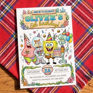 A customizable underwater-themed birthday invitation template. The design features a happy yellow sea sponge, a pink starfish holding a burger, a squirrel in a dive suit, and a green squid holding balloons, all wearing party hats. They stand around a birthday cake among corals and bubbles. Above them is a wooden sign with editable text for the name and birthday. Below are editable placeholders for the date inside a seashell, time, address, and RSVP information.