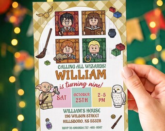 Wizard Building Block Birthday Invitation, Magical School Party Invite, Toy Brick Magic, Editable Canva Template, Digital Download