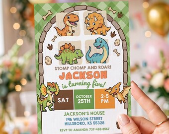 Dinosaur Birthday Invitation, Cute Boy Dino Party Invite, Stomp Chomp Roar, Editable Canva Template, Digital Download
