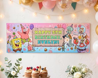 Bannière d'anniversaire éponge jaune, décor de fête sur le thème des amis de l'océan (180 x 60 cm), panneau pour fête d'enfants sur le thème sous-marin, modèle Canva modifiable