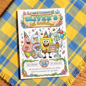 A customizable underwater-themed birthday invitation template. The design features a happy yellow sea sponge, a pink starfish holding a burger, a squirrel in a dive suit, and a green squid holding balloons, all wearing party hats. They stand around a birthday cake among corals and bubbles. Above them is a wooden sign with editable text for the name and birthday. Below are editable placeholders for the date inside a seashell, time, address, and RSVP information.