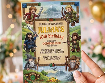 Lord of the Rings Birthday Invitation, The Hobbit Party Invite, Toy Brick Style Middle Earth Invite, Editable Canva Template