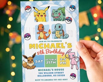Pokemon Birthday Invitation, Pikachu Party Invite, Boys Catch Em All, Editable Canva Template, Digital Download