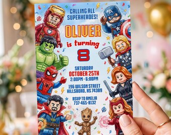 Avengers Birthday Invitation, Superhero Party Invite, Building Block Hero Theme, Editable Canva Template, Digital Download