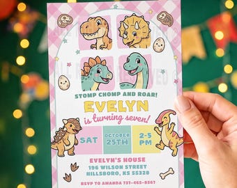 Dinosaur Birthday Invitation, Cute Pastel Dino Party Invite for Girls, Stomp Chomp Roar Printable, Editable Canva Template, Digital Download