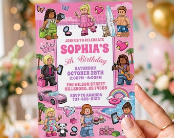 Pink Fashion Doll Birthday Invitation, Pink Dream Party Invite, Girl Block Toy Doll, Editable Canva Template, Digital Download