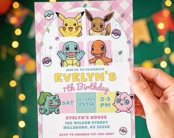 Pokemon Birthday Invitation for Girl, Pink Pastel Cute Pokemon Party Invite, Pikachu Eevee, Editable Canva Template, Digital Download