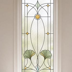 Película para Janela Art Nouveau Ginkgo, Película de Privacidade com Efeito Vitral para Painel Lateral da Porta de Entrada, Adesivo Decorativo para Janela de Banheiro, Tamanho Personalizado