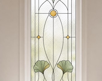 Art Nouveau Ginkgo raamfolie, glas-in-lood privacyfolie voor zijraam van voordeur, decoratieve raamsticker voor badkamer, op maat gemaakt