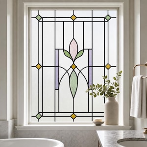 Film de protection solaire Deco Tulip Geometry, effet vitrail vert, adhésif statique, dimensions personnalisables