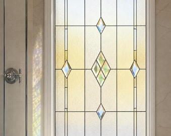 Stained Glass Window Film for Shower Doors, Art Deco Pale Cream Geometric Diamond, Custom Size