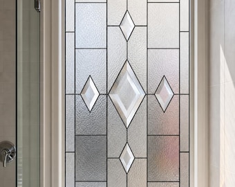 Stained Glass Window Film for Shower Doors, Art Deco Frosted White Rectangular Grid, Custom Size