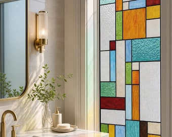 Film adhésif pour vitres effet vitrail pour salle de bain, motif géométrique abstrait blanc dépoli, dimensions sur mesure