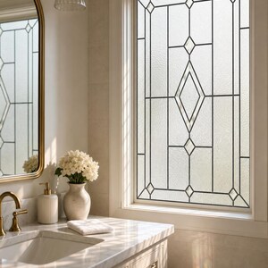 Stained Glass Window Film for Bathroom Privacy, Art Deco Frosted White Rectangular Grid, Custom Size