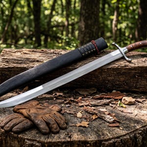 May include: A curved steel sword with a polished blade and a dark brown wooden handle featuring a silver pommel. The sword is accompanied by a black leather scabbard with decorative lacing and a pair of brown leather work gloves.