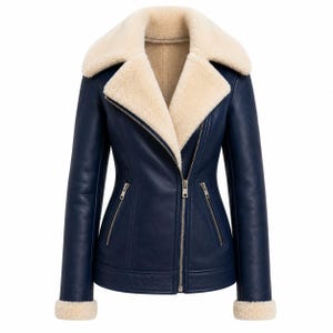 Women's Navy Blue Shearling Biker Jacket, Faux Leather Winter Coat with Cream Sherpa Lining