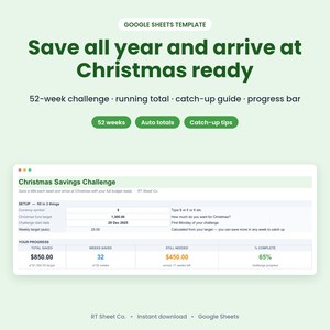 Hoja de cálculo de Google para el reto de ahorros navideños: Seguimiento de 52 semanas, barra de progreso y consejos para ponerse al día.