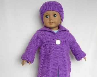 Hand Knitted Dolls Clothes for 18" Doll - Coat and Headband in LILAC (For American Girl / DesignaFriend / Similar)