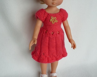 Hand Knitted Dolls Clothes for 13" Doll - Deep Pink Short Sleeve Dress (For Corolle Les Cheries, Little Darling, Paola Reina)