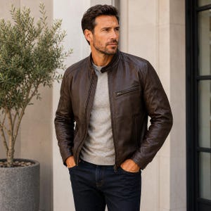Può includere: Una giacca in pelle marrone scuro con colletto alla coreana, chiusura frontale con zip e una tasca sul petto con cerniera. La giacca è indossata sopra una maglia grigio chiaro a girocollo e jeans blu scuro, con maniche lunghe e finitura liscia.