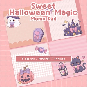 May include: A digital memo pad set titled Sweet Halloween Magic Memo Pad featuring 8 designs in PNG and PDF formats, each measuring 4x4 inches. The graphics include a ghost, a coffin, a castle, a pumpkin, a cat, and a lantern in pastel tones.