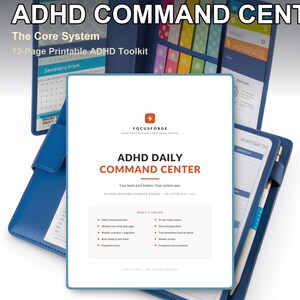 May include: A blue leather-like planner binder containing a 12-page printable ADHD Daily Command Center toolkit. The cover page features the text ADHD DAILY COMMAND CENTER, a list of contents, and specifies US Letter 8.5 x 11 inch dimensions.
