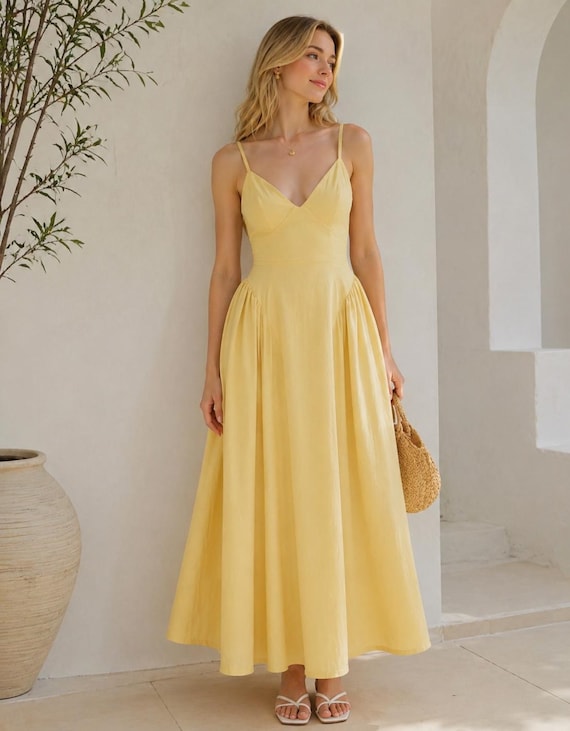 flowy butter yellow dress Linen Maxi for Women, Summer Spaghetti Strap Dress, Elegant Cottagecore Dress, Vacation Outfit, Bridesmaid Dress Summer dress