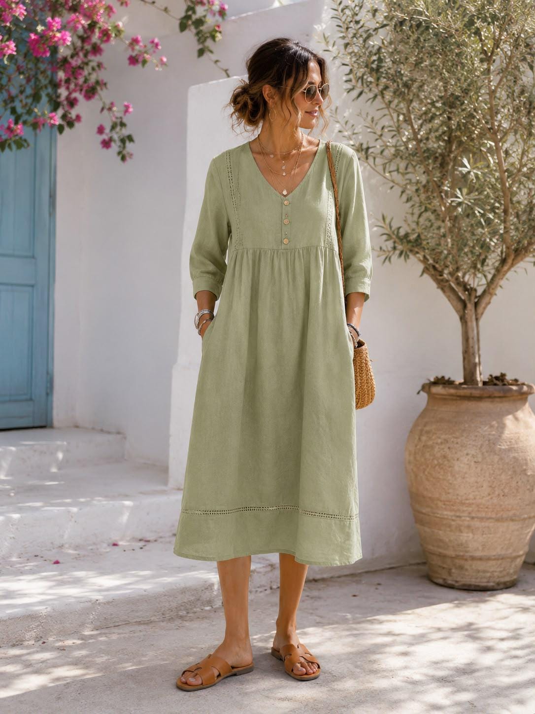 sage green dress linen Midi linen dress