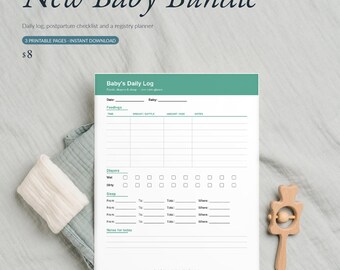 Printbaar daglogboek voor pasgeboren baby's | Voedings-, luier- en slaaptracker | Checklist voor na de bevalling & babyuitrustingplanner | Direct te downloaden