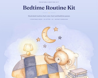 Kids Bedtime Routine Kit | Visual Schedule, Star Chart, Passes (Instant Download)
