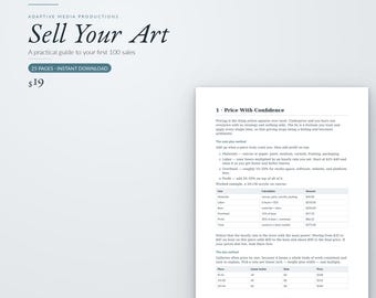 Verkoop je kunst: een gids van 25 pagina's voor je eerste 100 verkopen, inclusief prijsbepaling, SEO, verzending en commissies. Direct te downloaden PDF voor kunstenaars.