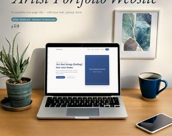Sjabloon voor een kunstenaarsportfolio-website, bewerkbare HTML-website voor een kunstwinkel en -galerie, responsief ontwerp van één pagina, direct te downloaden voor kunstenaars.