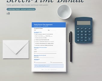 Printbare schermtijdovereenkomst voor het gezin | Schermtijdcontract voor kinderen en beloningstoken-tracker | Huisregelsoverzicht | Direct downloaden