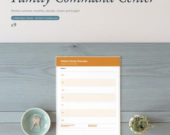Printbare weekplanner voor het gezin, 6 pagina's tellende wandset met gezinskalender, takenlijst, maaltijdplan en noodnummers, direct te downloaden.