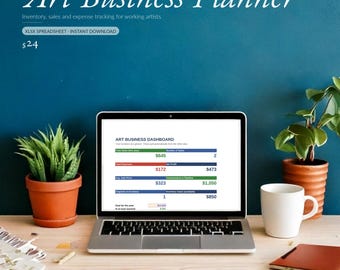Planner en verkooptracker voor kunstenaars, spreadsheet voor kunstenaarsinventaris, commissies en onkosten, boekhouding en winsttracker voor kunstenaars.