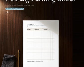 Printbare trouwplanner (54 pagina's, PDF), budgetvriendelijke gastenlijst en RSVP-tracker, leverancierslijst en dagplanning.