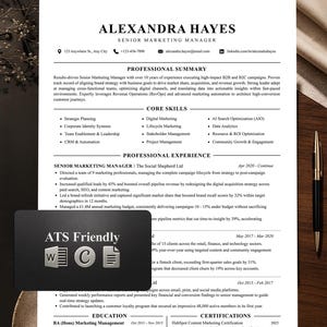 May include: A professional CV template for a Senior Marketing Manager named Alexandra Hayes. The document includes sections for professional summary, core skills, experience, education, and certifications, with a black overlay badge stating ATS Friendly.