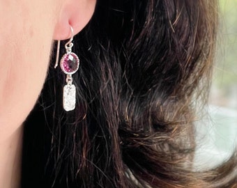 Textured Drop Earrings, cranberry pink dangle earrings, recycled silver jewellery, Gift For Her