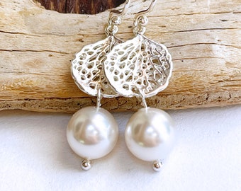 Pearl Earrings, Swarovski Pearl and coral branch earrings, Silver Drop Earrings, Bridal Earrings, Bridesmaid Gift, Bridal Jewelry
