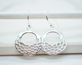 Sterling Silver Filigree Disc Earrings, French Wire Earrings, Gift For Her