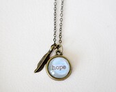 Hope Necklace - Feather - Pale Blue Glass Cabochon - Typography Jewelry - Boho Summer Jewelry