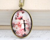 Peach Flowers. Spring Cherry Blossoms Necklace. Wearable Art. Glass Cabochon - Art Jewelry Gift For her