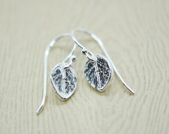 small leaf earrings, dangle leaf earrings on french hooks, recycled silver jewelry, nature jewelry, gifts for her