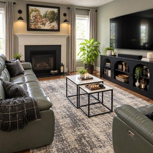 May include: A living room featuring a sage green leather sofa with dark gray plaid throw blankets, two square nesting tables with white marble tops and black metal frames, and a black media console with arched shelving under a large flat screen TV.