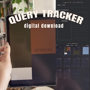 May include: A digital query tracker displayed on a tablet screen, featuring a dark interface with sections for agent profiles, submission modes, and notes. The screen shows a layout with olive, brown, and white blocks and the text QUERYING.