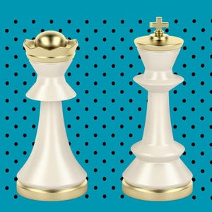 May include: Two chess pieces, a queen and a king, standing side by side. Both pieces feature a smooth, off-white body with a metallic gold base and a matching gold top. The queen has a rounded crown top, while the king features a cross finial.