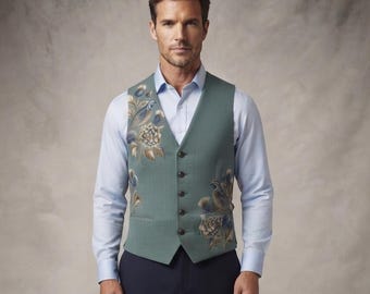Men's Embroidered Sage Blue Vest Cotton Blend Hemp Botanical Waistcoat with Thistle and Bird Detail, Cottagecore Groom Attire